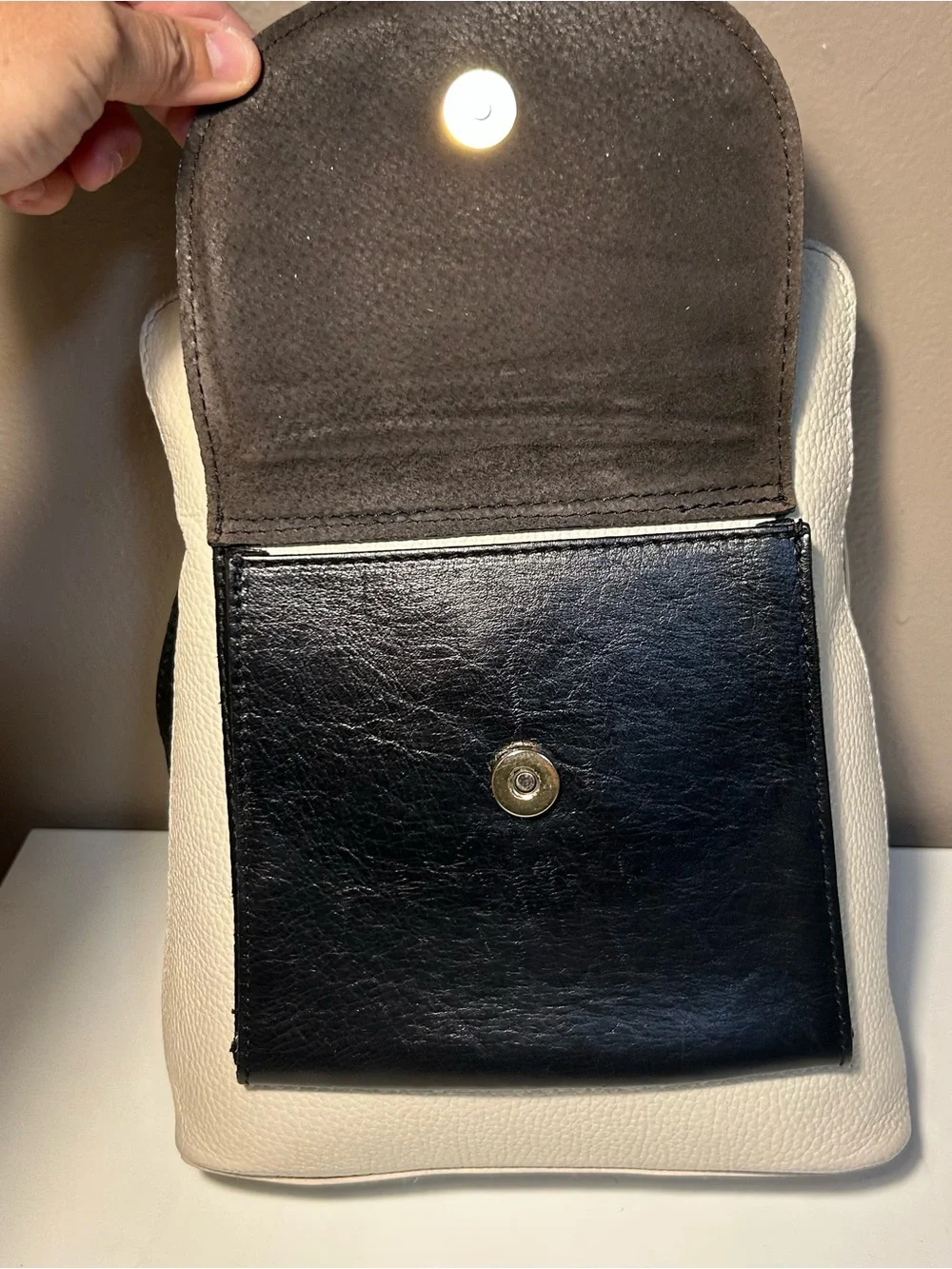 Divina Firenze Leather Convertible Backpack Crossbody Black White Minimal